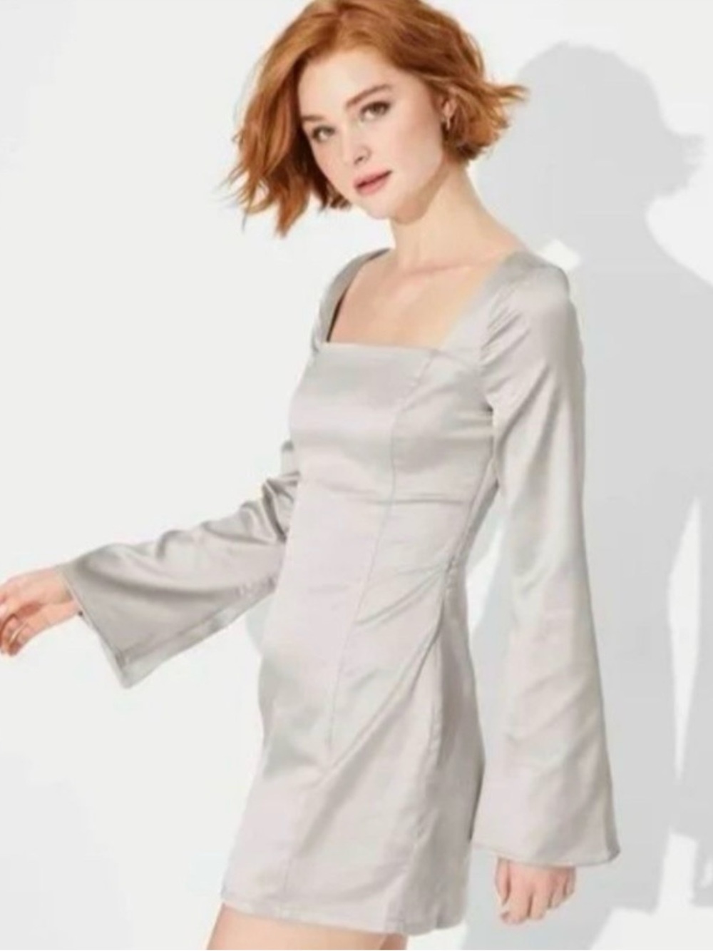 wild fable Silver Square-Neck Bell-Sleeve Mini Dress